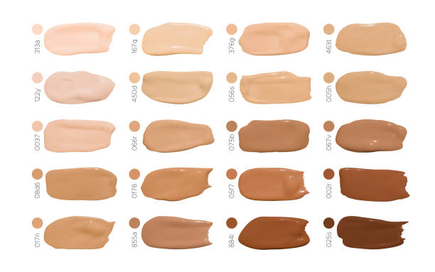 illustrazioni stock, clip art, cartoni animati e icone di tendenza di colore cosmetic foundation sbavature. makeup concealer drops. campione femminile beige. sfondo della cura del viso. fondazione - color swatch