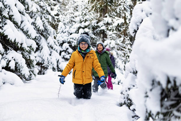 istock Three kids hiking in beautiful winter forest. 1346614075