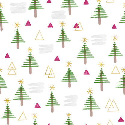 Hand Drawn Christmas/Holiday Trees Pattern. Watercolor  Christmas Trees, seamless pattern. Forest background. Childish texture for fabric, textile.