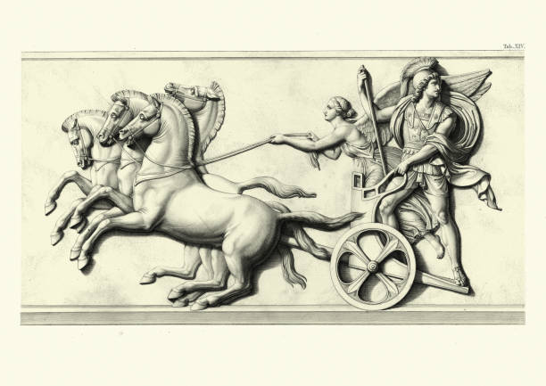 Alexander the Great riding in triumphal chariot driven by the winged Goddess of Victory Vintage illustration of scene from The entry of Alexander the Great into Babylon by Hermann Lucke. Alexander the Great riding in triumphal chariot driven by the winged Goddess of Victory chariot racing stock illustrations