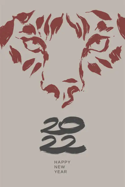 Vector illustration of Hand drawn ink tiger face. Greeting card with Chinese new year 2022 symbol.