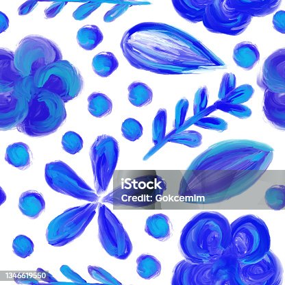 istock Hand Drawn Blue Floral Seamless Pattern Background. Floral Vector Design Element for Valentine's Day, Birthday, New Year, Christmas Card, Wedding Invitation,Sale Flyer. Portuguese Azulejo Tiles. Seamless Moroccan Ceramic Pattern. 1346619550