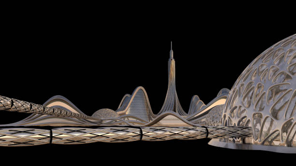 istock Futuristic city skyline with metallic architecture 1346619947