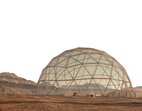 3D geodesic dome, entry airlocks and a mountainous horizon for Mars outpost colony illustrations or space exploration backgrounds, with the outline clipping path included in the file.