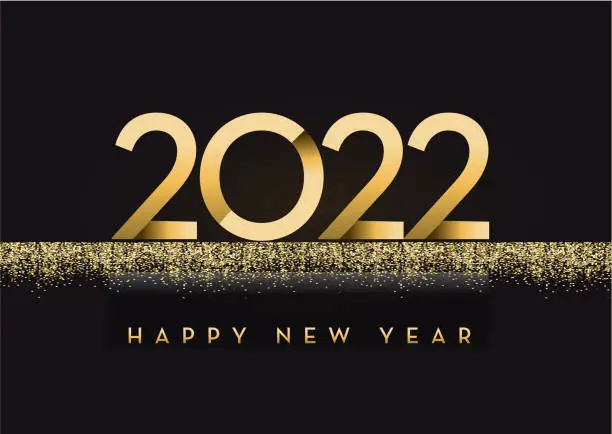 Vector illustration of Happy New Year 2022 greeting card banner design in gold and glitter with text