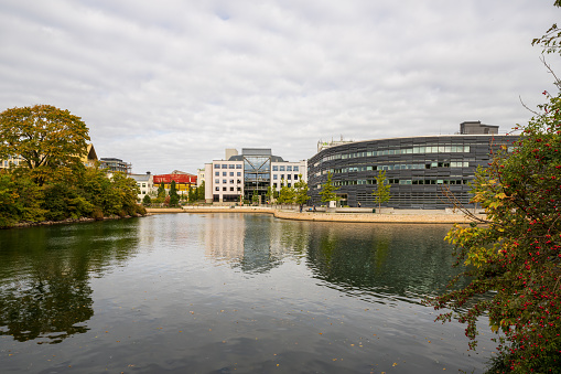 Malmo, Sweden - October 14, 2021: Cityscape with The Scania and Blekinge court of appeals in downtown Malmo.