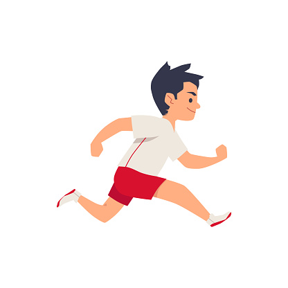 Child boy in sportswear running fast, flat cartoon vector illustration isolated on white background. Character of athletic child doing sports for kids education topics.