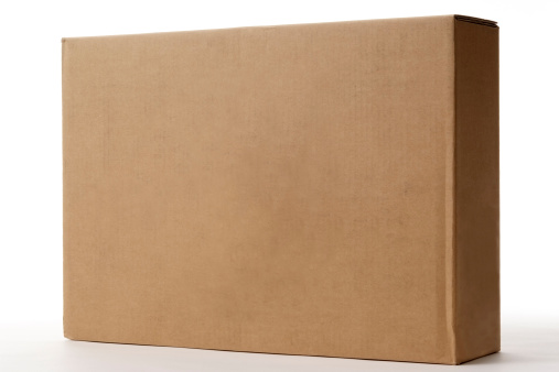 Close-up shot of blank cardboard box isolated on white background.