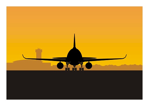Passenger airplane on airport runway in silhouette. Simple flat illustration.