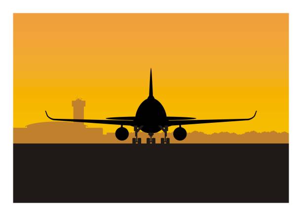 Passenger airplane on airport runway in silhouette. Simple flat illustration. Simple flat illustration of a passenger airplane on airport runway in silhouette. airplane silhouettes stock illustrations