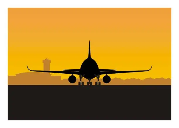 Vector illustration of Passenger airplane on airport runway in silhouette. Simple flat illustration.