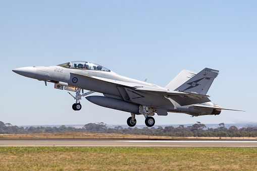 Avalon, Australia - March 3, 2013: Royal Australian Air Force (RAAF) Boeing F/A-18F Super Hornet multirole fighter aircraft on approach to land at Avalon Airport.