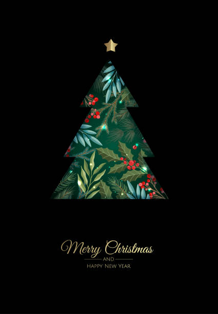 istock Merry Christmas greeting card with new years tree. Vector holiday illustration. 1346627512