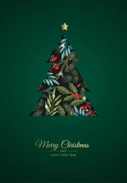 Vector illustration of Merry Christmas greeting card with new years tree. Vector holiday illustration.