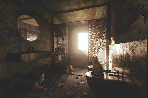 Waiting game for the three cats in bathroom ruins