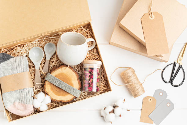 istock Preparing care package, seasonal gift box with plastic free, zero waste products. 1346636782