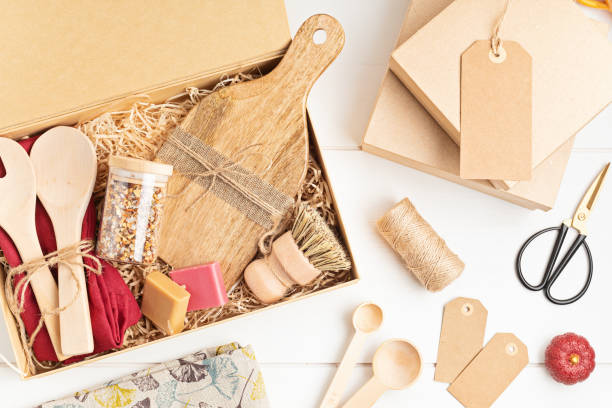 istock Preparing care package, seasonal gift box with plastic free, zero waste kitchen utensils. 1346636800