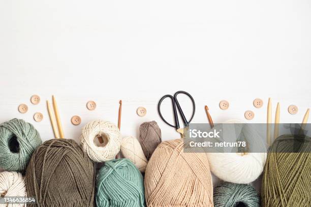 Craft Hobby Background With Yarn In Natural Colors Stock Photo - Download Image Now - Knitting, Crochet, Ball Of Wool