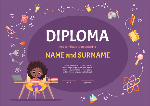 Online kids diploma certificate for kindergarten or Elementary school with a cute black girl Online kids diploma certificate for kindergarten or Elementary school with a cute black girl with curly dark hair making homework on background with hand-drawn elements. Vector cartoon illustration learning borders stock illustrations