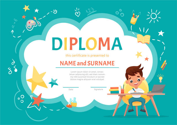 Certificate kids diploma for kindergarten or Elementary Preschool with a cute boy Certificate kids diploma for kindergarten or Elementary Preschool with a cute boy sitting at the table and making the homework on background with hand-drawn elements. Vector cartoon flat illustration learning borders stock illustrations