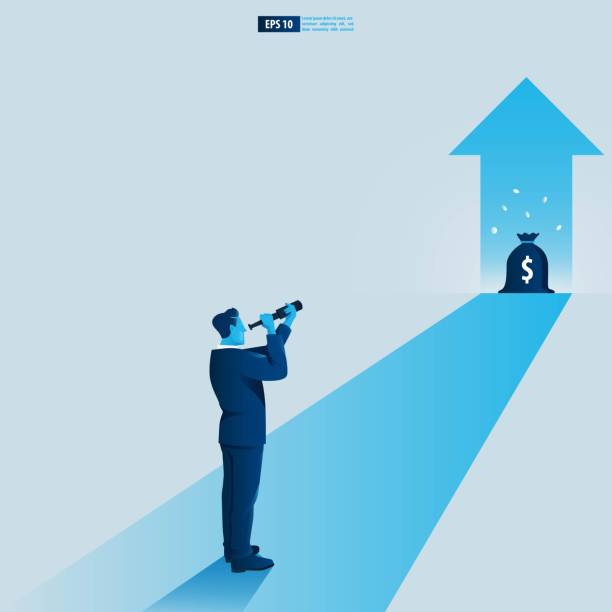 istock Businessman character looking through telescope seeing success vision with arrow up. Financial, Return on investment ROI chart increase profit vector illustration concept. 1346637989