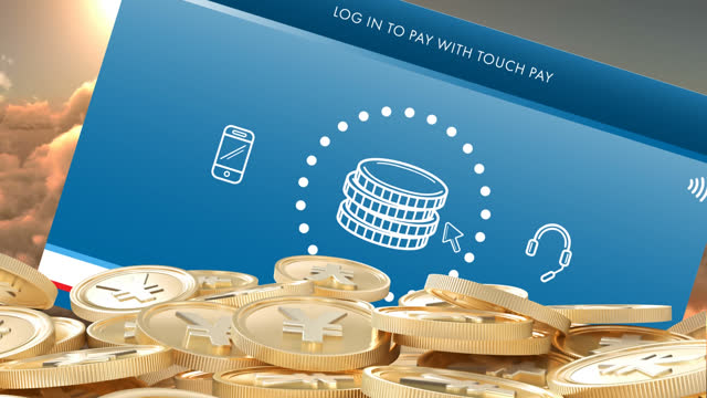 Animation of gold yen coins over screen with touch pay and wifi icon