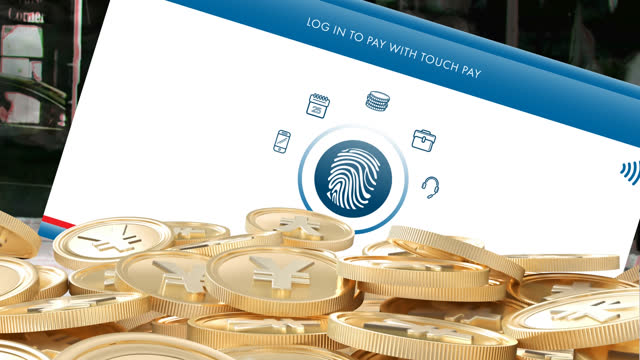 Animation of gold yen coins over screen with touch pay and wifi icon