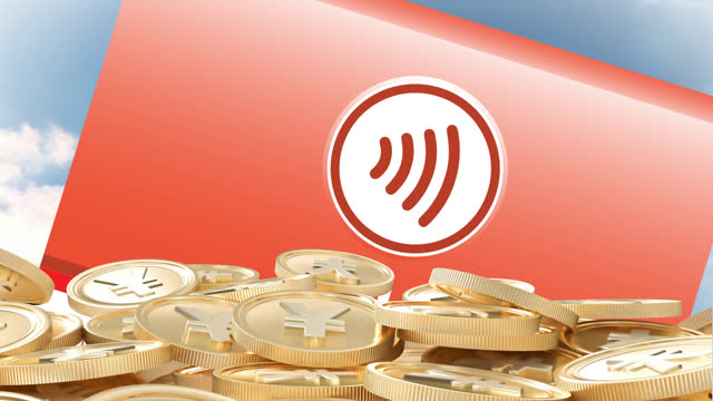 Animation of gold yen coins over screen with wifi icon