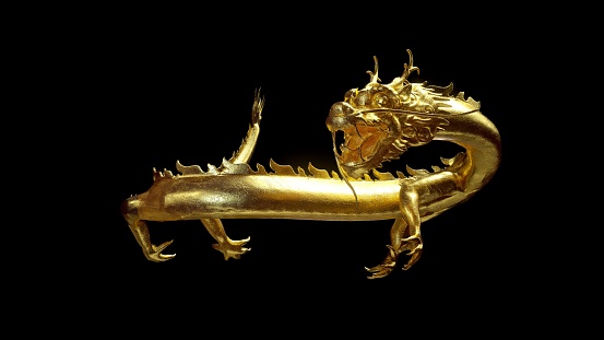 3D rendering of golden chinese glow dragon isolated on black background