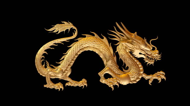 3d rendering of golden chinese glow dragon isolated on black background - havra illüstrasyonlar stok fotoğraflar ve resimler