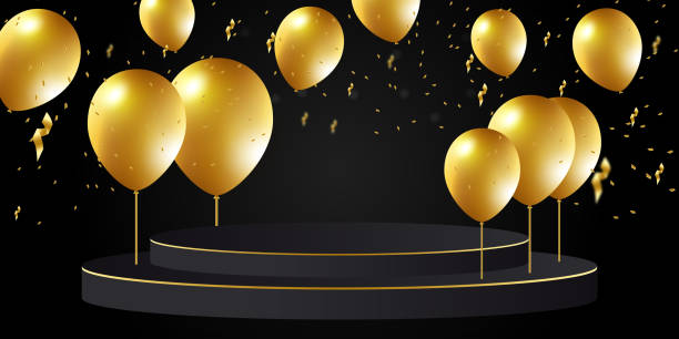 istock Black gold white balloons, confetti concept design template holiday Happy Day, background Celebration Vector illustration. 1346640643