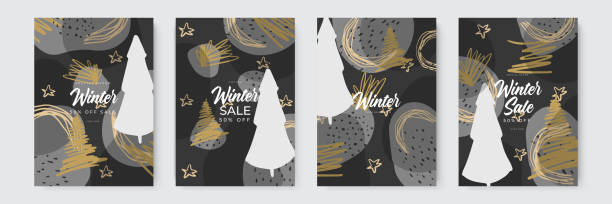 istock Set of abstract winter backgrounds. Colorful winter banners with falling snowflakes, snowy trees. Wintry scenes. Use for event invitation, discount voucher, ad. 1346640857