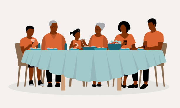 Three Generation Of Black Family Having Dinner Together. Black Family In Different Generations Having Dinner Together. Full Length, Isolated On Solid Color Background. Vector, Illustration, Flat Design, Character. family reunion stock illustrations