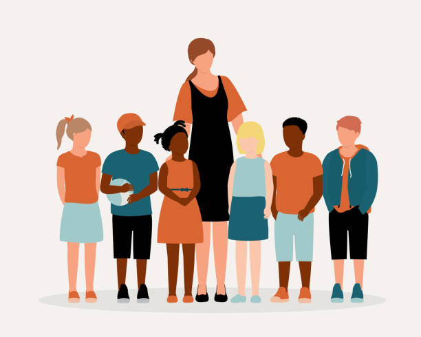 Portrait Of Mixed Race Group Of Student With Teacher. Portrait Of Black Children And White Children Standing Together With A Female Teacher. Full Length, Isolated On Solid Color Background. Vector, Illustration, Flat Design, Character. junior high age stock illustrations