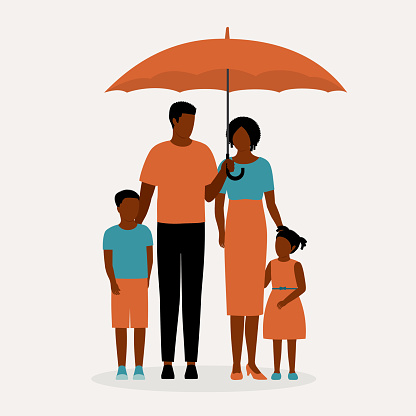 Black Father Holding An Umbrella To Shield His Family. Full Length, Isolated On Solid Color Background. Vector, Illustration, Flat Design, Character.