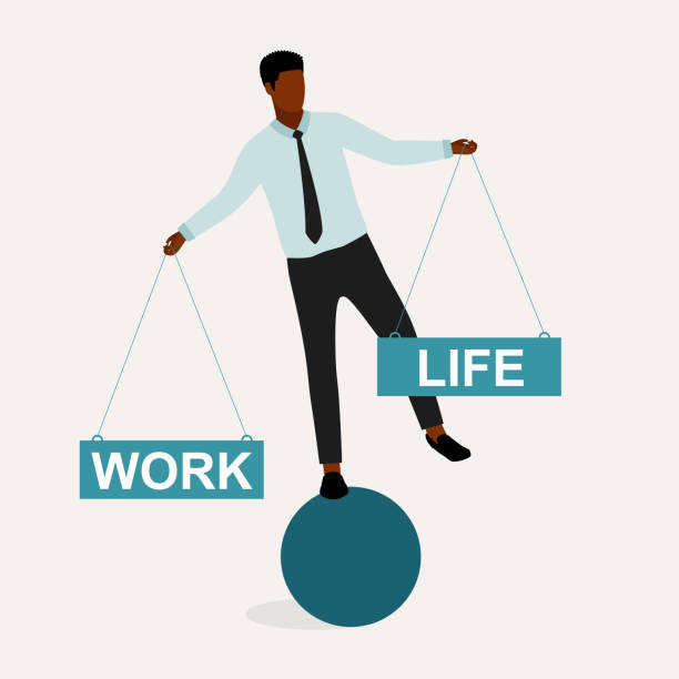 Work-Life Balance Concept. Black Man Strike Balance Between Work And Life. Black Businessman Balancing On Ball. Full Length, Isolated On Solid Color Background. Vector, Illustration, Flat Design, Character. standing on one leg not exercising stock illustrations