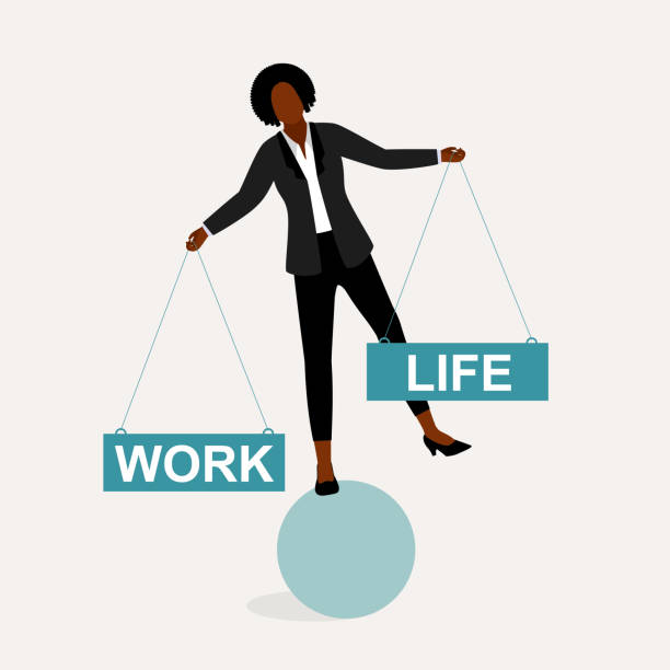 Work-Life Balance Concept. Black Woman Strike Balance Between Work And Life. Black Businesswoman Balancing On Ball. Full Length, Isolated On Plain Color Background. Vector, Illustration, Flat Design, Character. standing on one leg not exercising stock illustrations