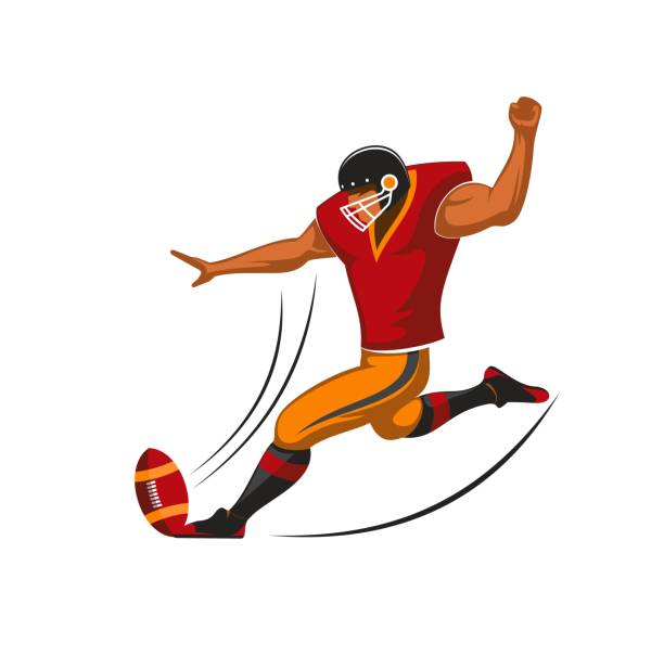 Kicker player of american football sport team Kicker player of american football team, vector sport game design. Placekicker cartoon character in team uniform with ball, helmet and jersey, pants, shoulder and thigh pads making field goal punting stock illustrations