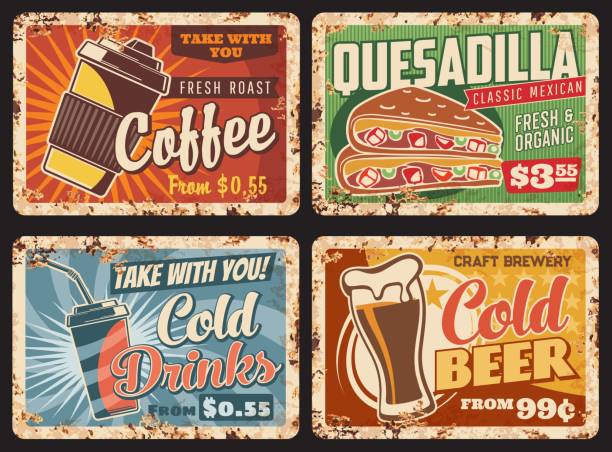 Fast food metal plates rusty, drinks, snacks menu Fast food metal plates rusty, drinks and snacks menu vector retro posters. Breakfast coffee and cold drinks takeaway, beer and Mexican quesadilla fastfood, restaurant cafe metal plate signs with rust beer brands stock illustrations