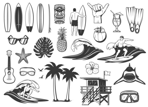 Surfing and tropical beach vacation vector icons Surfing board, ocean wave and beach vacation icons. Surfer riding board, sunglasses and pineapple, cocoa cocktail, shark, scuba diving mask and goggles, hibiscus flower, lifeguard tower and flippers surfing stock illustrations
