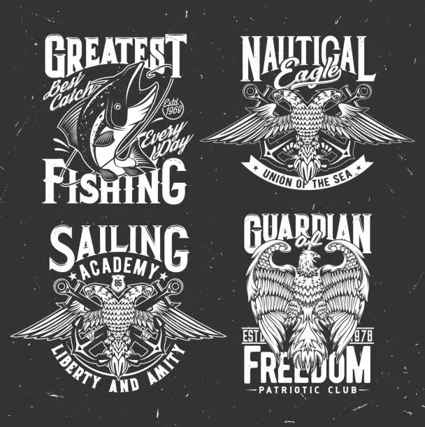 Vector illustration of Nautical heraldic icons, anchor, eagle and fishing