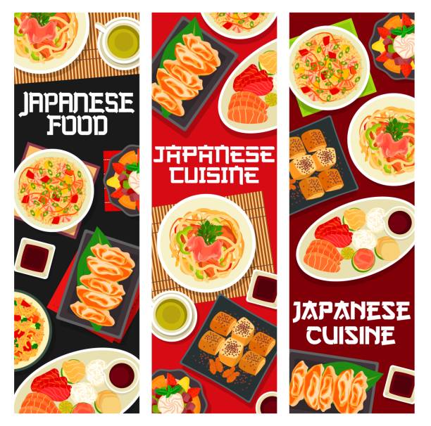 ilustraciones, imágenes clip art, dibujos animados e iconos de stock de comida japonesa, cocina asiática fideos udon, mariscos - smoked salmon illustrations