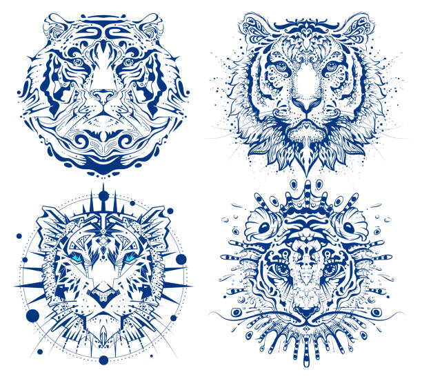 illustrations, cliparts, dessins animés et icônes de définissez l�’empreinte de la tête abstraite du visage du tigre. 2022 symbole de l’année calendrier chinois tigre d’eau - wild water illustrations