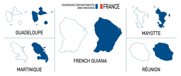 フランスの海外部門と地域の地図。高い詳細なベクトルアウトラインと青いシルエット。フランスの旗。英語のラベリング。すべて白い背景に隔離されています。地理テーマの場合 - themes点のイラスト素材／クリップアート素材／マンガ素材／アイコン素材