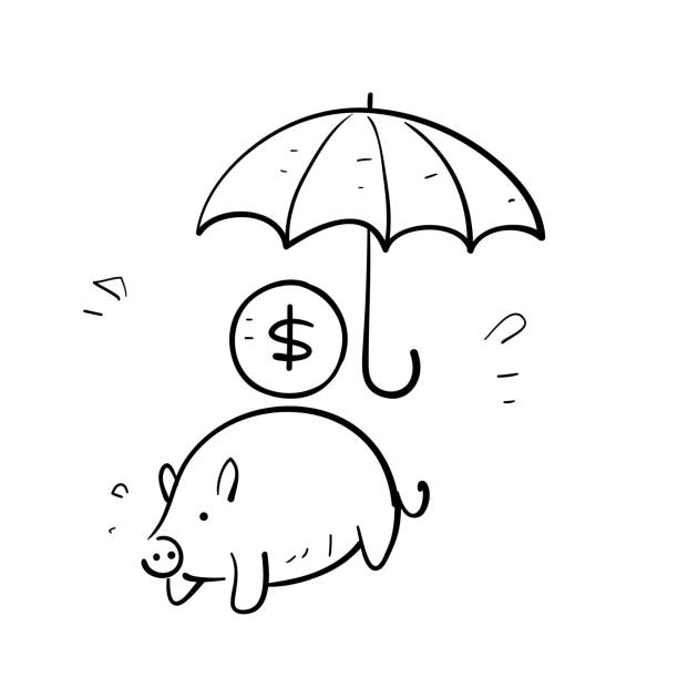 handgezeichneter doodle regenschirm sparschwein und geldsymbol für finanzschutzsymbol - economy class stock-grafiken, -clipart, -cartoons und -symbole