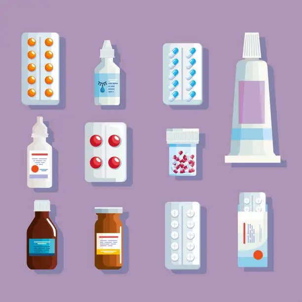 Vector illustration of eleven pharmacy medicine icons