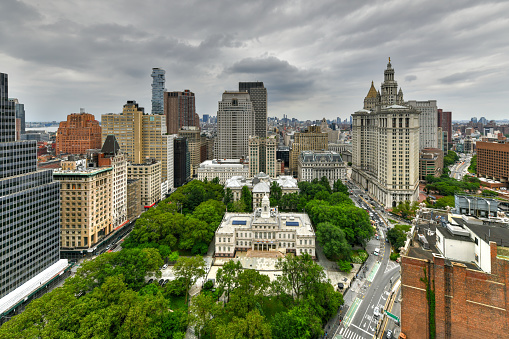 New York City - June 13, 2021: Panoramic aerial view of the skyscrapers of lower Manhattan in New York City.
