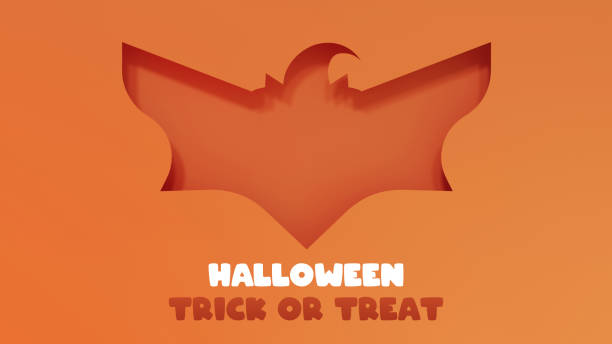 Halloween banner with bat silhouette and text. Trick or treat. Papercut style 3d render illustration