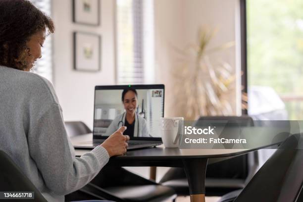 Patient Meeting Remotely With Her Doctor Stock Photo - Download Image Now - Virtual Event, Care, Mental Health