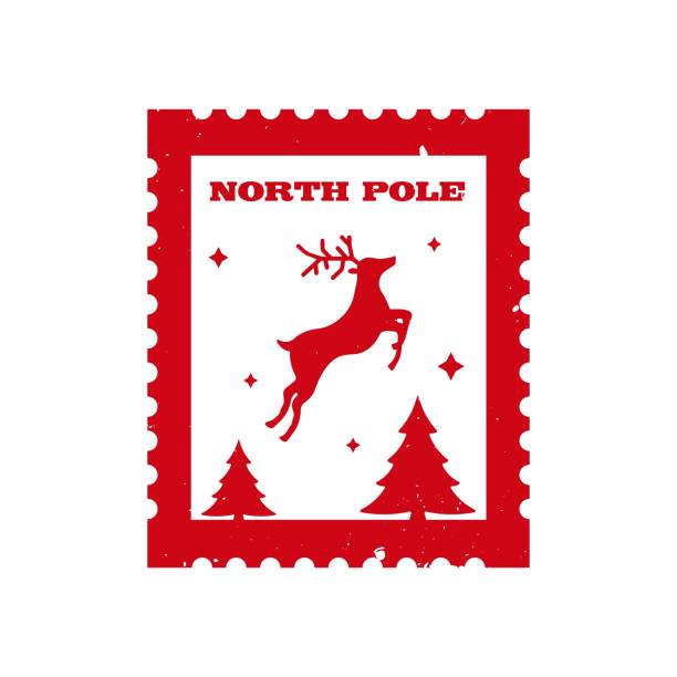 North pole - holiday postage stamp with reindeer and christmas trees. North pole - holiday postage stamp with reindeer and christmas trees. Xmas decorative design element for letters. Vector illustration on white background. north pole stock illustrations